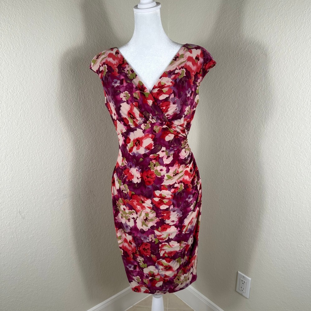 Lauren Ralph Lauren Sheath Dress Womens 6P Pink Floral Ruched Surplice Wedding
